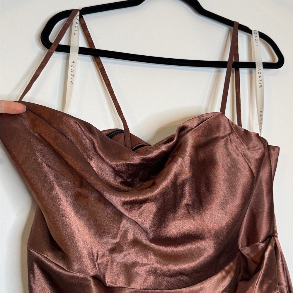 NWOT Azazie Leonis Espresso Mermaid Pleated Stretch Satin Convertible Dress 14 - Picture 3 of 11